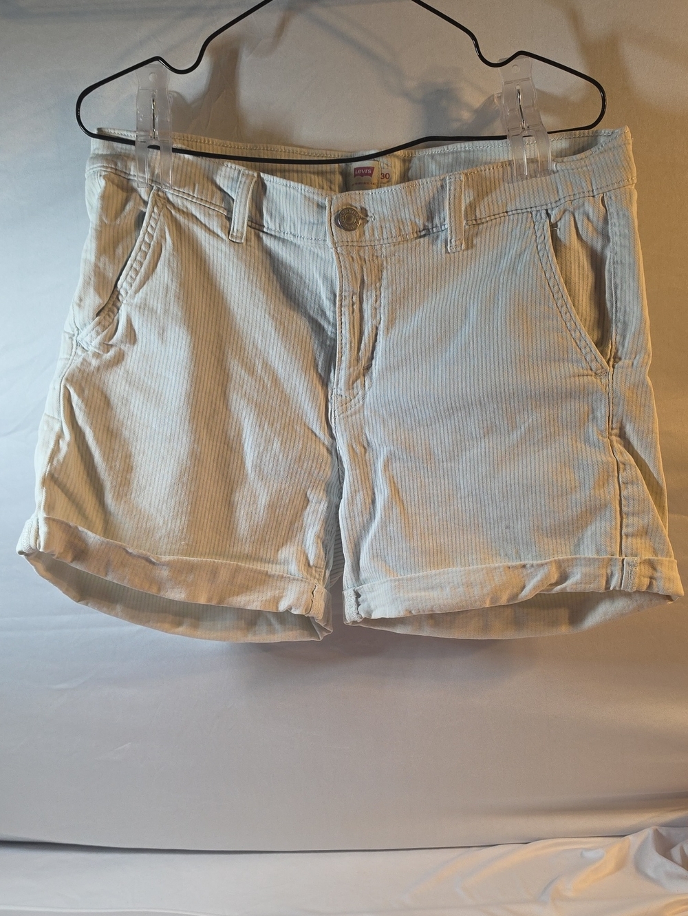 Levi's Women's White With Blue Pin Stripes Corduroy Rolled-Hem Shorts